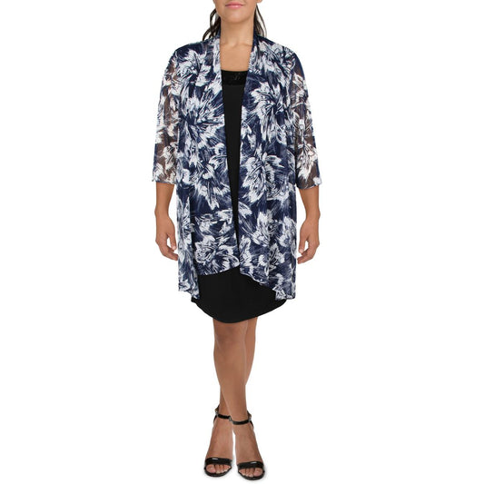 R&M Richards Womens Plus Mesh Printed Duster Blazer