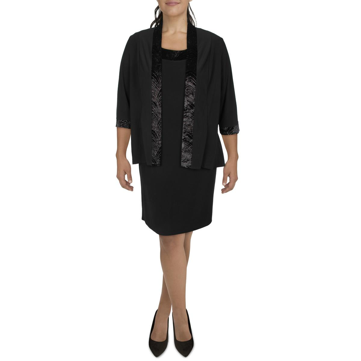 R&M Richards Womens Knit Velvet Trim Collarless Blazer